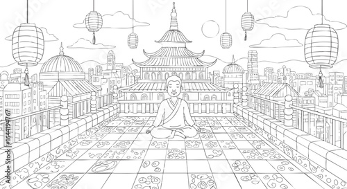 Serene Monk Meditating on Rooftop Amidst Traditional Asian Cityscape with Lanterns