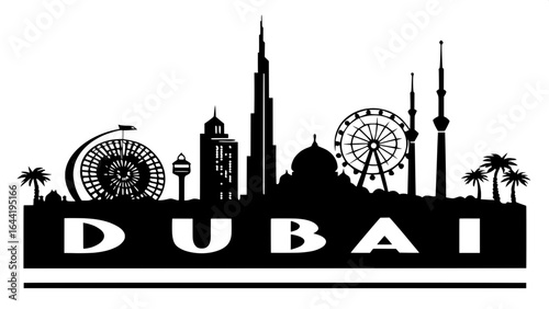 "Minimal black silhouette of Dubai's skyline, filled with skyscrapers, spires, and domes, clean white background, large bold 'DUBAI' text placed underneath."