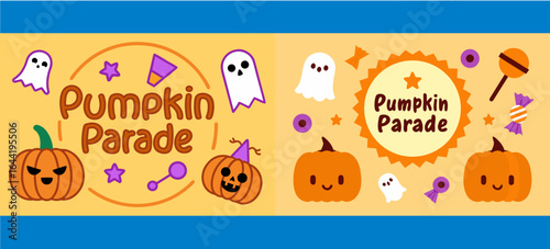 Pumpkin Parade Badges with Cute Jack-o'-Lanterns, Candy, and Ghosts for Fun Halloween Celebration Graphics and Holiday Decorative Designs