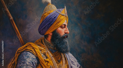 Portrait of a sikh warrior in traditional attire with a turban and a spear on a dark background