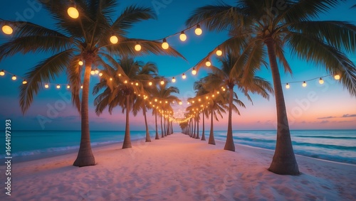 Fototapeta Naklejka Na Ścianę i Meble -  Beach vacation sunset with palm trees and string lights a tropical paradise travel destination getaway scene on transparent background