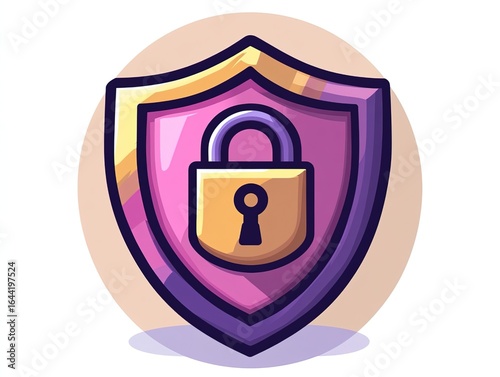 Purple shield with open lock flat cartoon vector, minimalist white background pink outline for security icons, digital unlock interfaces