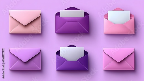 Purple pink envelope icons 3D vector set on pastel background, minimalist render for web design, print materials, email apps