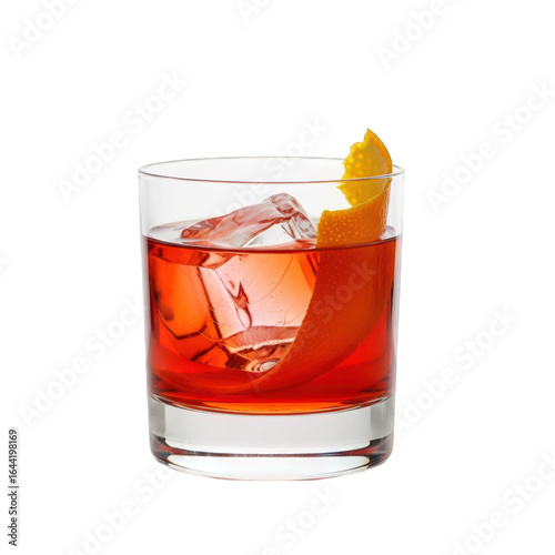 Classic negroni cocktail with ice cube and orange twist isolated on transparent background