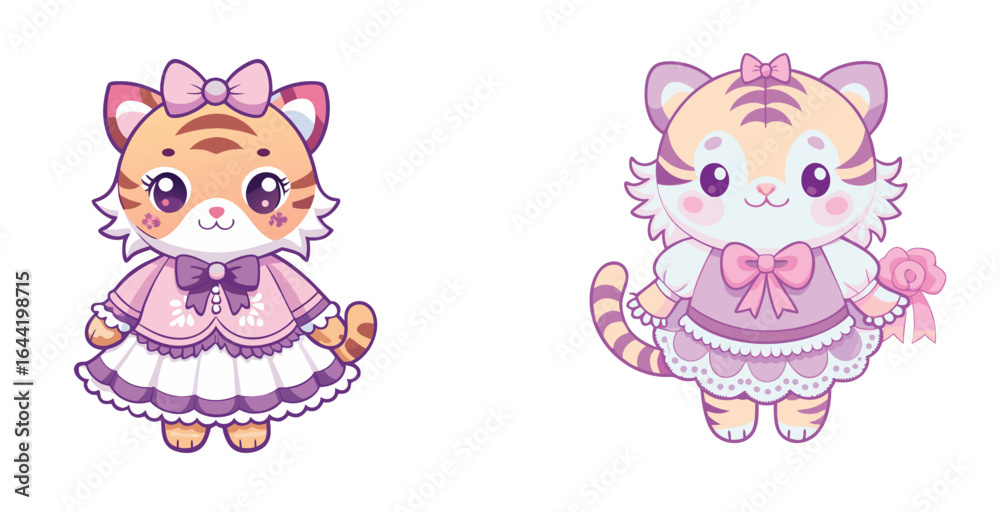 Fototapeta premium Charming Tiger Logo in Lolita Fashion Dress Soft Pink Lavender and Cream Palette Design