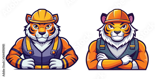 Confident Tiger Mascot Dressed as Construction Worker with Hard Hat and Safety Gear