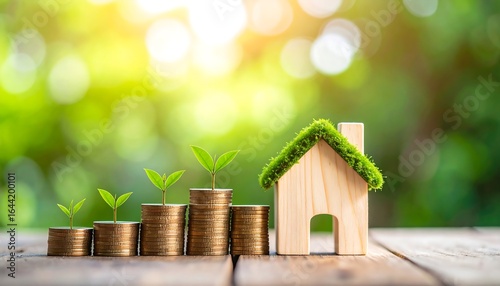 Wooden home on coins, green sprouts