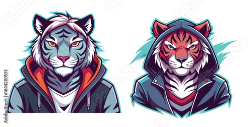 Moody Emo Tiger Mascot with Side Swept Bangs Dark Fashion Vector Logo Design
