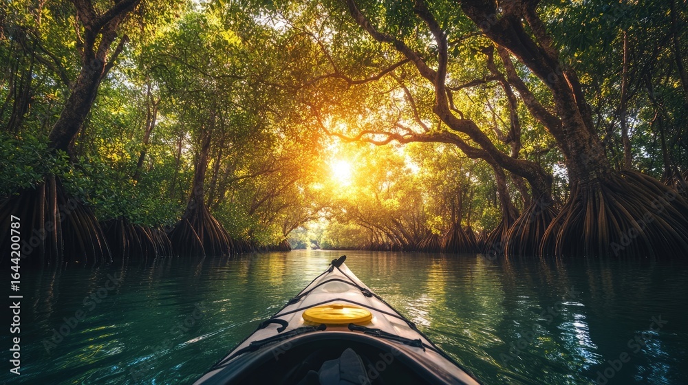 Fototapeta premium Kayaking in the Lush: A serene journey down a tranquil river, framed by majestic trees and illuminated by the radiant sun. A kayaker immersed in the splendor of nature's embrace.
