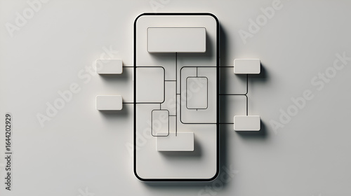 Clean Minimalist Smartphone App Interface Design Diagram Illustration 3D Render of a White Mobile Application System Network Data Flowchart Showing