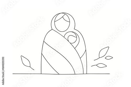 Minimalist single line drawing mother child wrapped in blanket with leaves baby family