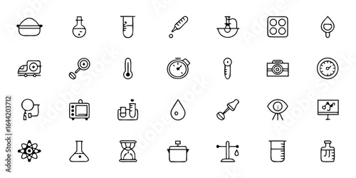 Scientific & Laboratory Measurement Line Art Vector Icons – Glassware, Scales, Thermometers, Gauges, and Testing Devices for Research, STEM, and Educational Design

