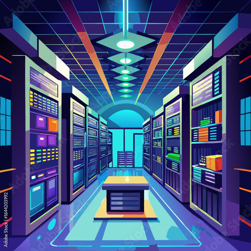Modern server room with rows of glowing computer racks and futuristic lighting