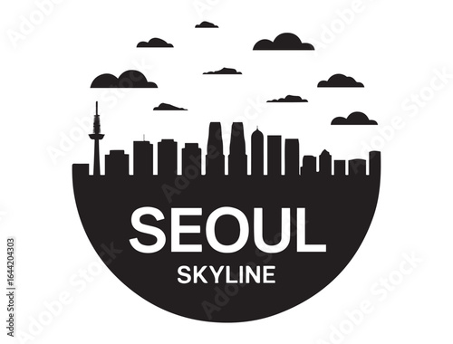 Seoul skyline. Circular style. Stock vector illustration. Vector black silhouette. with white background.
