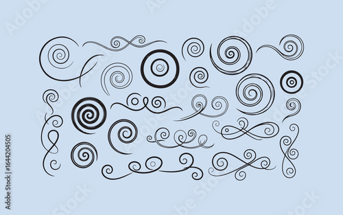 Collection of decorative swirls and spirals in blue