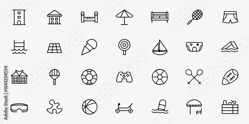 Family & Recreational Hotel Facilities Icon Bundle – Minimalist Line Art Playground, Pool, Game Room, Mini Golf, Tennis, BBQ, Kayak, and Hammock – Vacation Resort Vector Icons