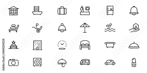 Hotel Facilities & Guest Services Icon Bundle – Minimalist Line Art Reception, Swimming Pool, Spa, Gym, Restaurant, Bar, Parking, Wi-Fi, Housekeeping, and Luggage – Hospitality Vector Icons