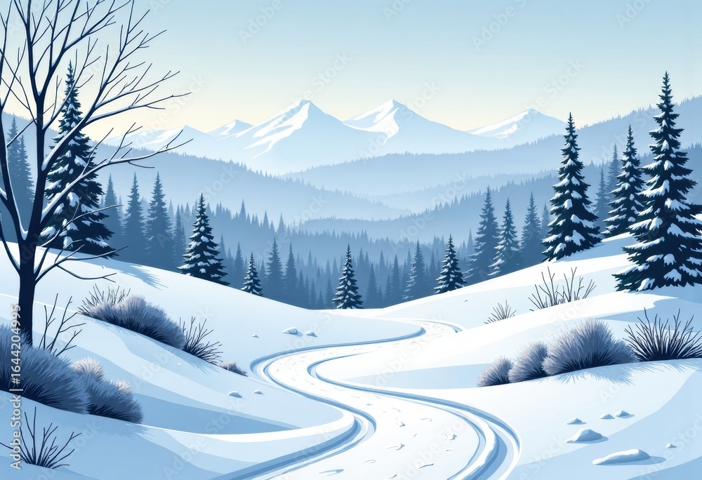 Obraz premium Scenic winter landscape with a winding path through snow-covered mountains