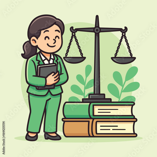 Female Lawyer Standing Beside Justice Scales and Law Books Cartoon Illustration