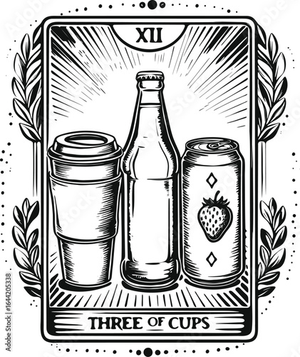 Three of Cups Tarot Card Drinks Vector Illustration