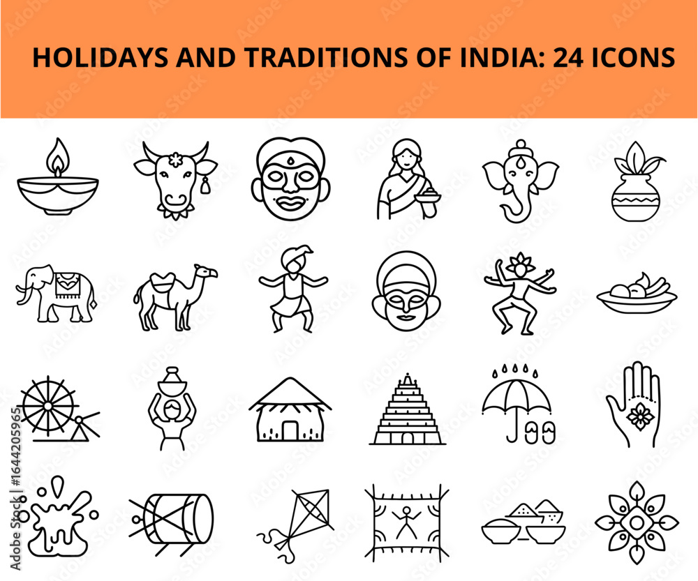 Obraz premium Illustrative icon set representing holidays and traditions of India 
