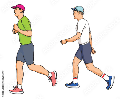 Two athletes sportsmen jogging at competition, profile view, realistic hand drawn vector illustration