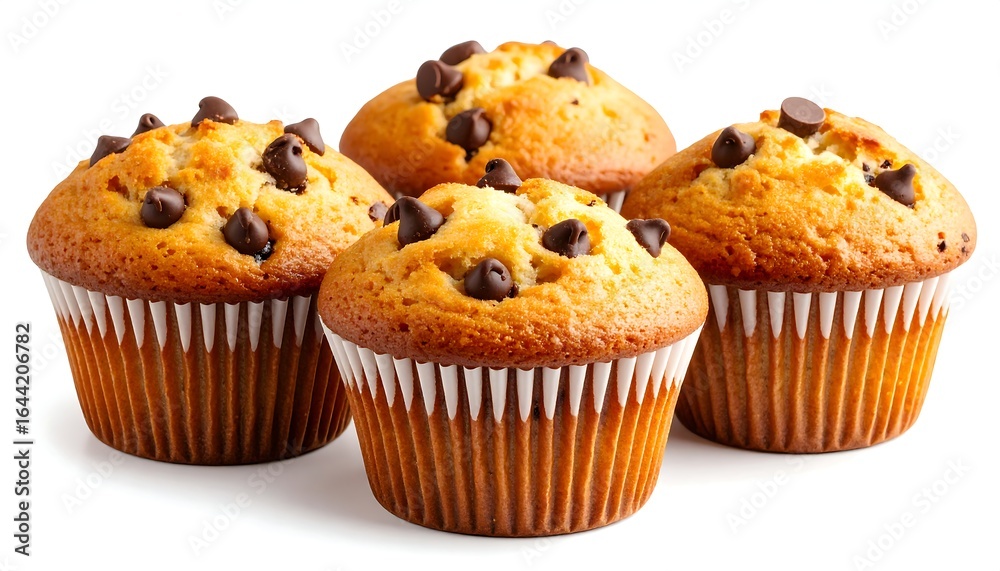 Four Chocolate Chip Muffins in White Paper Liners on a White Background Four Chocolate Chip Muffins in White Paper Liners on a White Background
