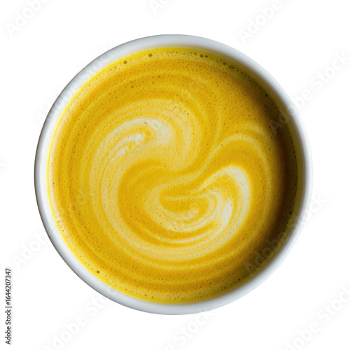 Overhead shot of a golden turmeric latte isolated on transparent background