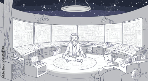 A lone person finds peace in a futuristic control room, meditating amidst an array of digital screens displaying complex data, beneath a cosmic starry night.