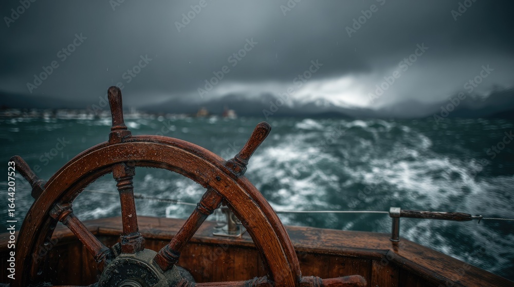 Fototapeta premium Wooden ship's wheel amidst a turbulent sea.