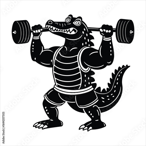 Alligator lifting weights in a strongman pose