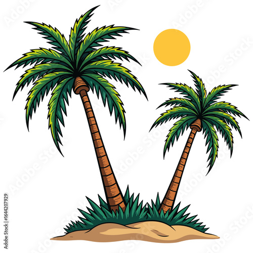 Two tropical palm trees with sun and sand on a white background  