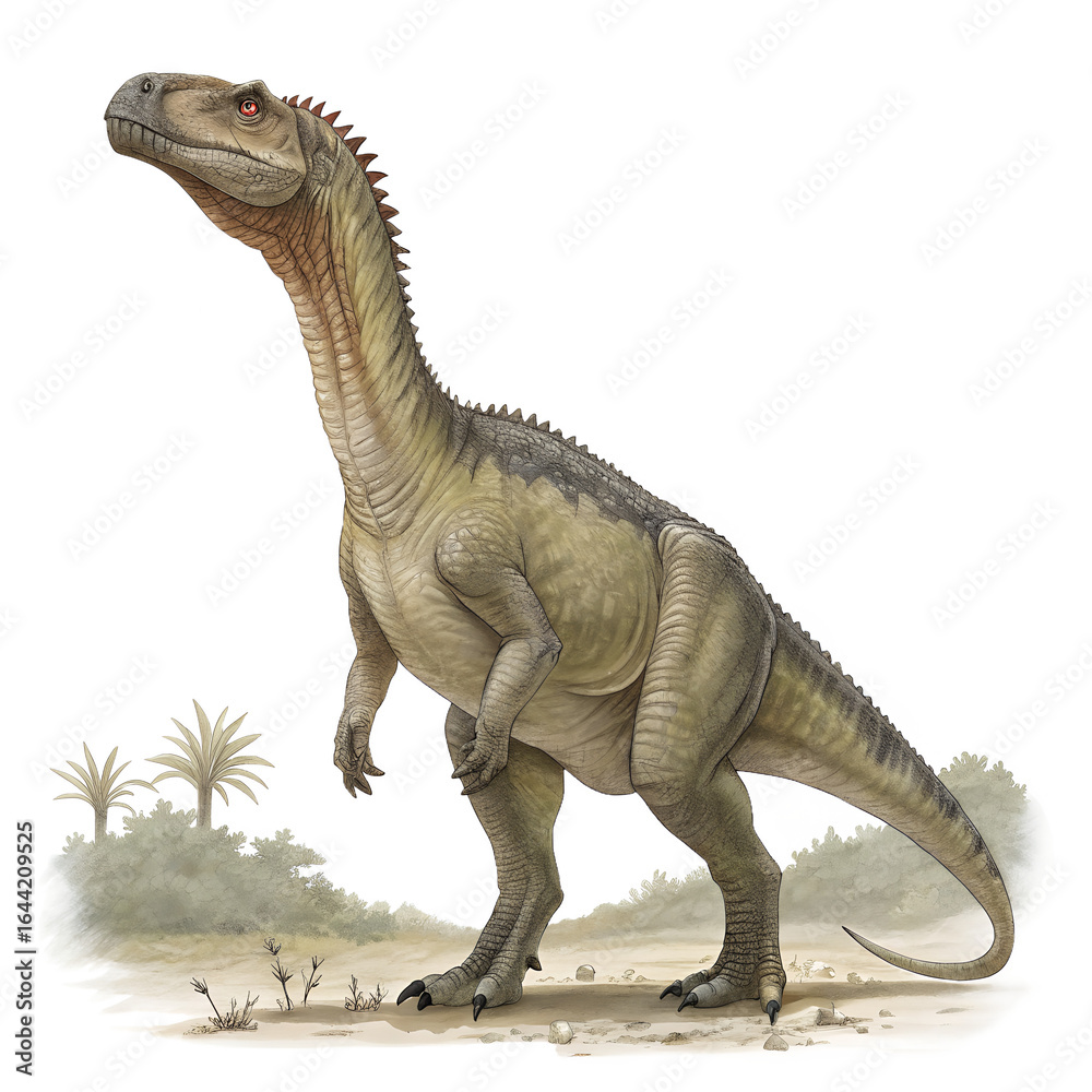 Fototapeta premium A large dinosaur stands upright in a prehistoric landscape. It has a robust body, long neck, and a distinctive head. Surrounding vegetation includes ferns and palm-like plants.
