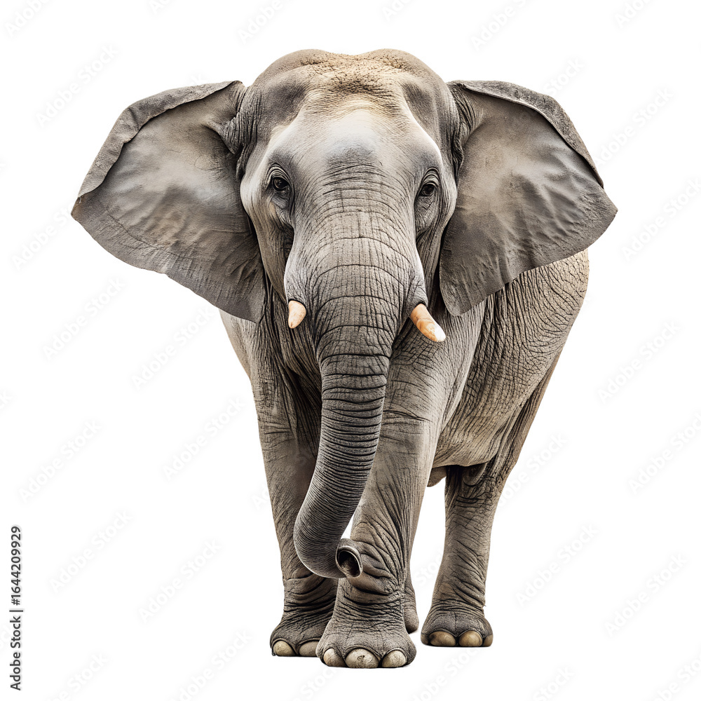 Fototapeta premium A close-up of an African elephant standing against a black background. The elephant has large ears, tusks, and a textured gray skin.