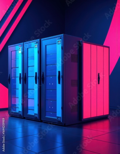 UPS and battery cabinets in a modern setting with closed doors