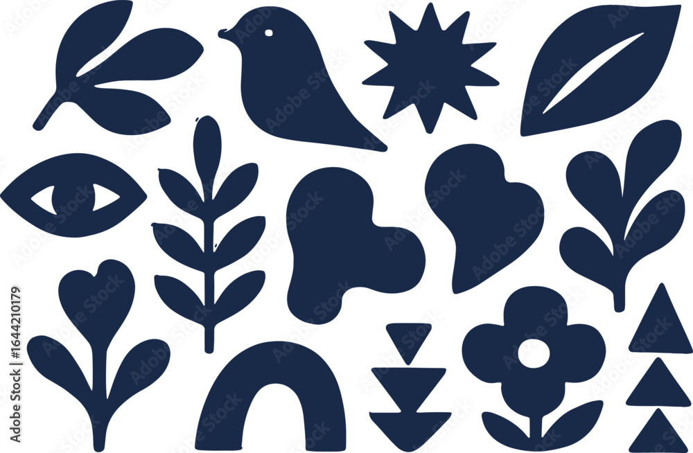 Naklejka premium Abstract decorative silhouette shapes set including bird, flowers, leaves, hearts, geometric elements, and nature-inspired icons for modern folk art, minimal design, patterns, prints,