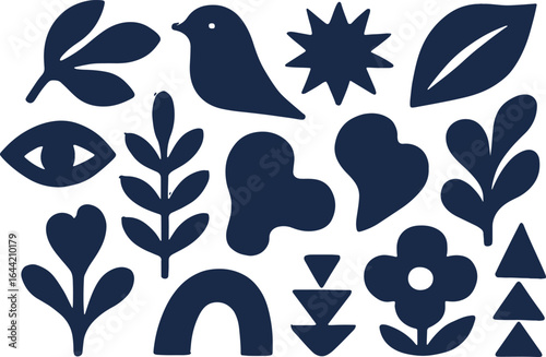 Abstract decorative silhouette shapes set including bird, flowers, leaves, hearts, geometric elements, and nature-inspired icons for modern folk art, minimal design, patterns, prints,