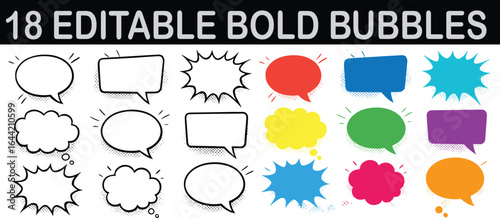 Set of 18 editable bold comic speech bubbles in outline and colorful styles, including talk, thought, and explosion shapes for cartoon text, pop art dialogue, graphic design, and retro comic-style ill