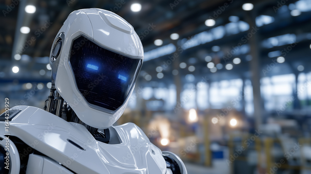 Fototapeta premium A digital face robot in a smart factory setting with machinery