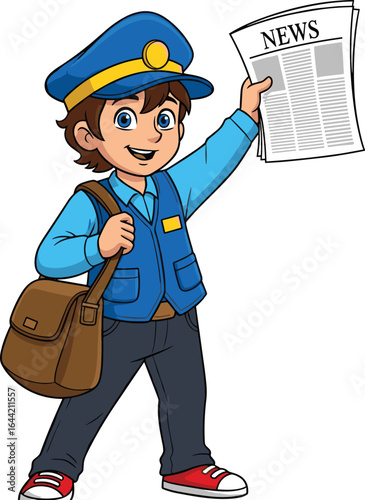 Obraz na plátně Cartoon newsboy character, blue uniform, cap with yellow button, holding newspap