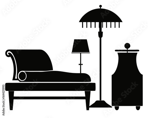 Chaise lounge floor lamp and cabinet silhouette isolated on white background