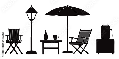 Outdoor patio furniture and accessories silhouette isolated on white background