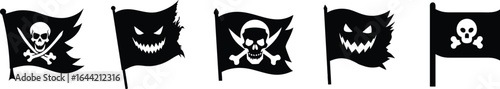 Pirate Flag Silhouettes Collection icon set – Skull, Crossbones, Jolly Roger, Horror, Halloween, Nautical, Scary
