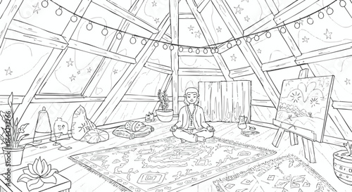Peaceful meditation in a cozy attic art studio. Coloring page vector illustration of a person practicing yoga under a starry sky.