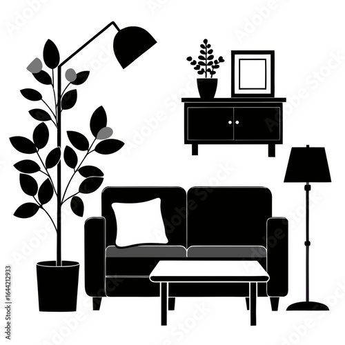 Living room furniture and decor silhouette isolated on white background