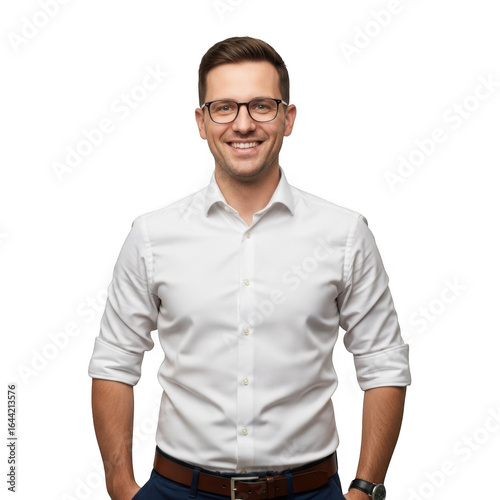 Smiling professional man wearing glasses and a white collared shirt with rolled up sleeves isolated on transparent background