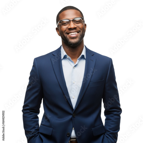 Smiling african american businessman wearing a navy blue suit and glasses confidently looking forward isolated on transparent background