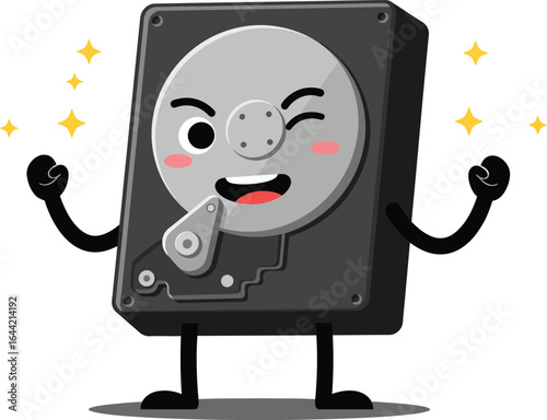 Animated hard drive character with happy expression and sparkling stars vector illustration 