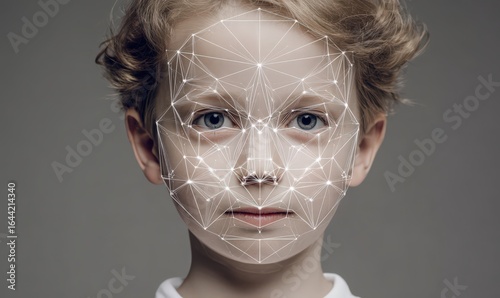 Face Recognition Technology: An inquisitive young individual is superimposed with a digital overlay of facial recognition technology. 