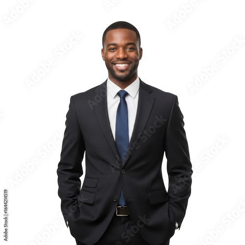 Smiling african american businessman in a sharp black suit and blue tie standing confidently with hands in pockets isolated on transparent background